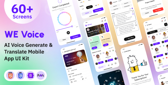 We Voice - AI 支持的文本到语音生成和翻译移动应用程序 PWA HTML 模板