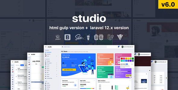 Studio v5.0 - HTML 和 Laravel 12.x Bootstrap 5 管理模板 preview 1