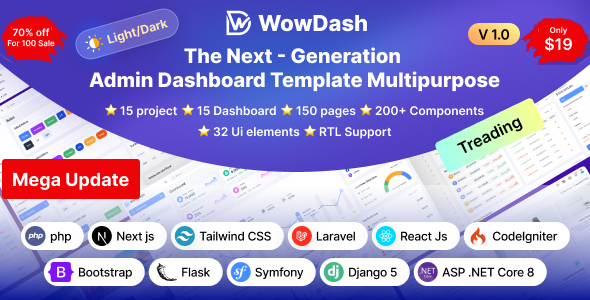 WowDash v1.0 - Tailwind, Bootstrap, React, Next, Django, PHP, Laravel ASP.net Admin Dashboard
